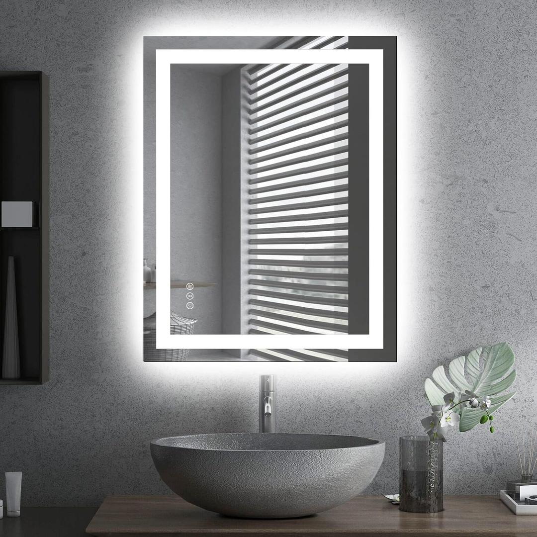 Amorho LED Bathroom Mirror 28"x 36" with Front and Backlight, Step less Dimmable Wall Mirrors with Anti-Fog, Shatter-Proof, Memory, 3 Colors, Double LED Vanity Mirror (Horizontal/Vertical)