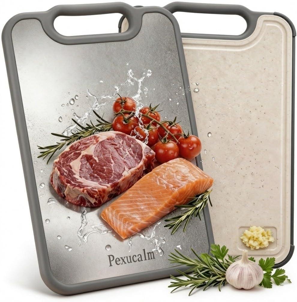 Titanium Cutting Board for Kitchen, 15.4"x10.4" Dual-Sided Chopping Board, Scratch-Resistant, Dishwasher Safe, with Juice Groove & Garlic Grinding, Non-Slip Edges, Straw Wheat PP & Titanium (Gray)