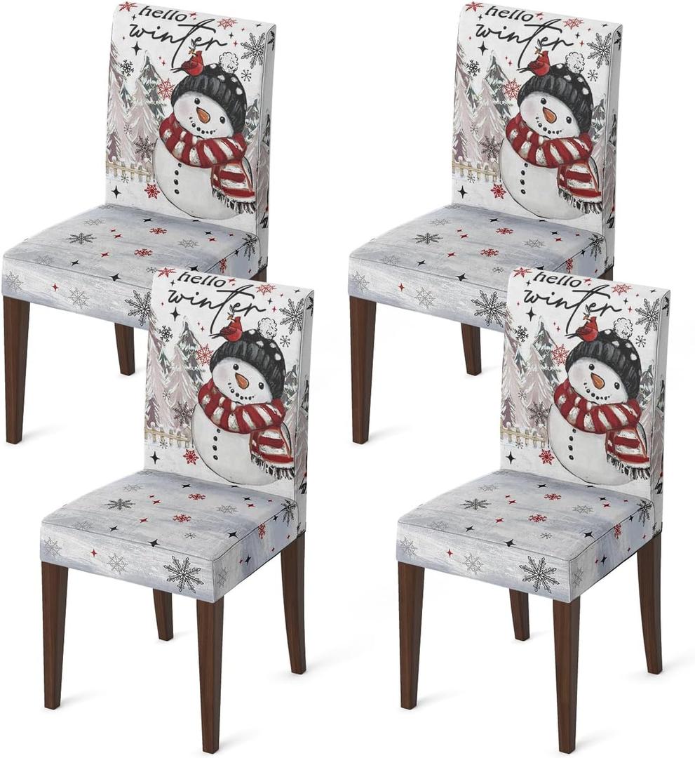 Horaldaily 4PCS Christmas Dining Chair Covers, Blue Snowman Stretch Removable Washable Slipcover Chair Protector for Dining Room Home Decor (Black)
