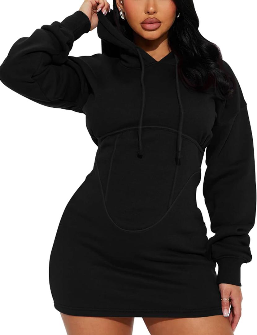 BEAGIMEG Women's Long Sleeves High Neckline Hooded Solid Stretch Casual Mini Sweatshirt Dress Black, 4