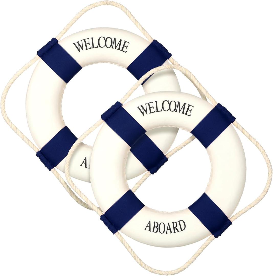 2 Pcs Lifebuoy Wall Hanging Decor Large Life Preserver Ring Decorative Welcome Aboard Mediterranean Style Decoration Nautical Pool Safety Ring (Blue)