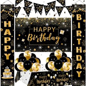 Black and Gold Birthday Decorations for Men Women, 37pcs Black and Gold Party Decorations with Backdrop, Tablecloth, Confetti Balloons, Banner, Balloon Arch Kit for Birthday Party