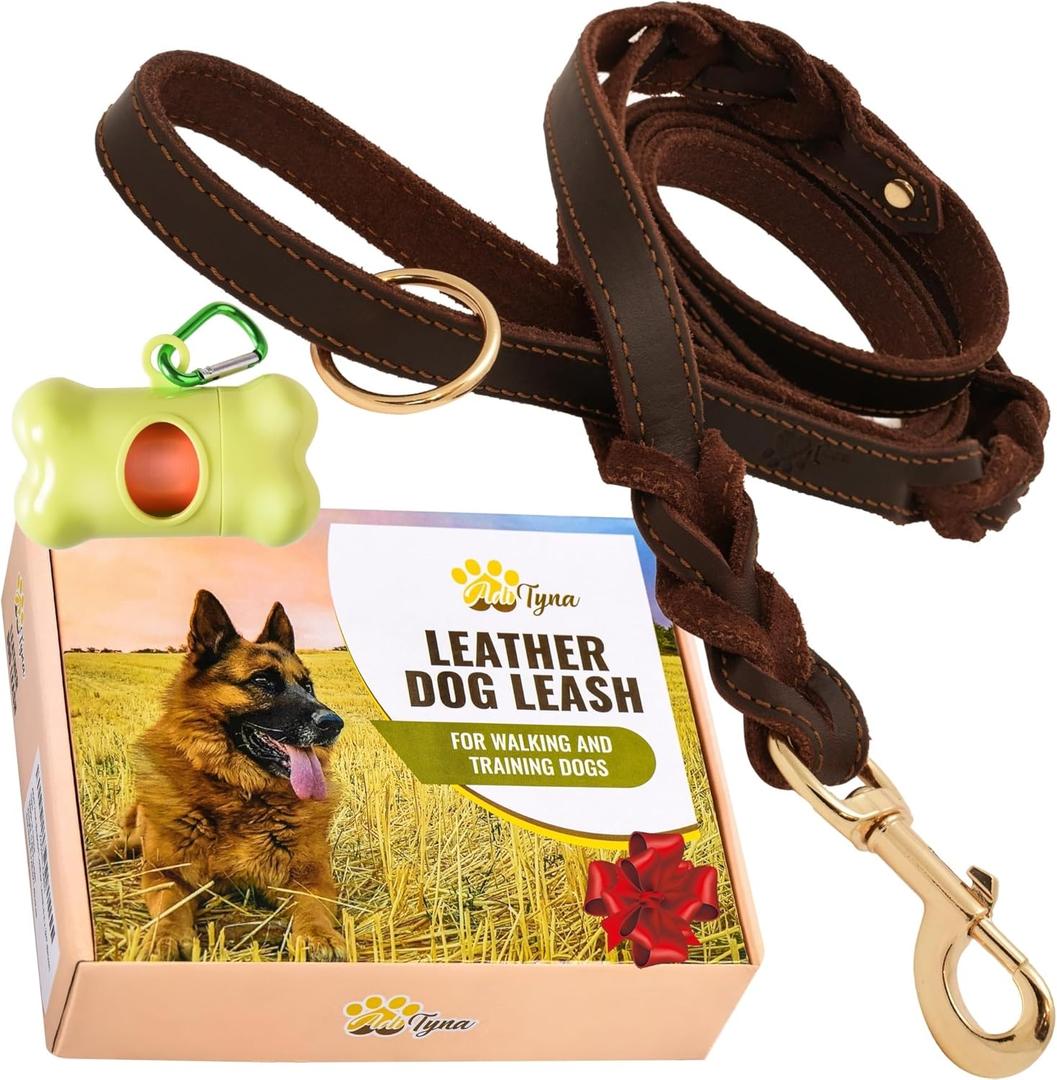 ADITYNA Double Handle Leather Dog Leash 6ft - Heavy Duty Braided Leash with Traffic Handle - Lead for Training and Walking Large & Medium Dogs (Two Handles 6 foot x 3/4", Brown)