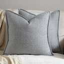 DEZENE 24x24 Linen Pillow Covers Steel Blue Pack of 2 Farmhouse Boho Neutral Accents Striped Textured Square Decorative Throw Pillow Cases for Living Room Couch Bed Home Decor