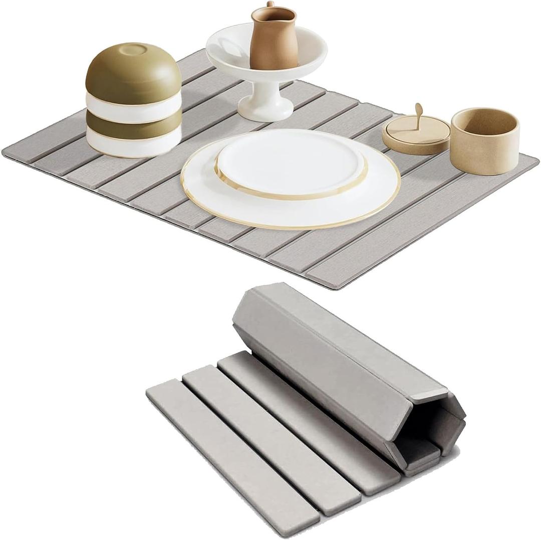 Large Stone Dish Drying Mat for Kitchen Counter, 24"(L)16"(W) Collapsible Kitchen Dish Drying Mat, Absorbent Quick Dry Diatomaceous Earth, for Dishes Bottles Cups, Match Any Countertop