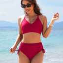 Blooming Jelly Womens High Waisted Bikini Sets Drawstring Tummy Control Swimsuits Crisscross Tie Back Bathing Suit (Red, M)