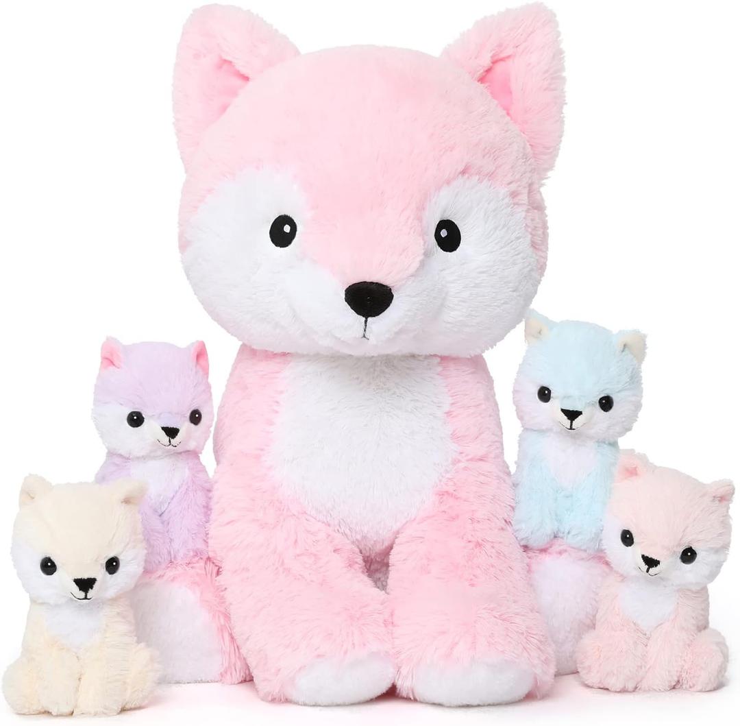 MorisMos Pink Fox Stuffed Animal Set, Soft 19 Inch Mommy Stuffed Fox Plush Toys with Baby Inside, Plushie Gift for Girls, Women, Kids on Valentine's Day, Birthday, Christmas,Baby Show