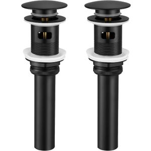 KES Bathroom Sink Drain with Overflow, Matte Black Pop Up Drain 2 Pack for Vanity Vessel Sink, All Metal Bathroom Sink Stopper, T304 Stainless Steel and Brass, S2008A-BK-P2-KES