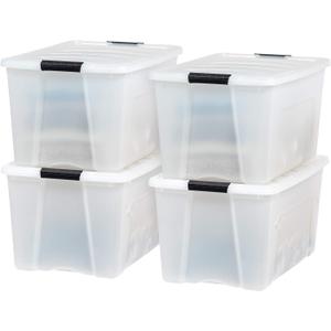 IRIS USA 72 Qt Stackable Plastic Storage Bins with Lids, Pack of 4 - BPA-Free, Made in USA - Discreet Organizing Solution, Latches, Durable Nestable Containers, Secure Pull Handle - Pearl