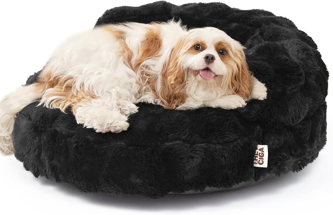 EHEYCIGA Soft Cat Couch Bed for Indoor Cats, Fluffy Small Dog Bed with Removable Washable Cover, Bolster Pet Sofa, Waterproof and Non-Slip, 23" x 23"x 7", Black