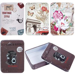 CREATCABIN 4Pcs Vintage Metal Tin Box Card Holder Rectangular Tinplate Box Containers Christmas Small Wrap Boxes with Lids Hinged Storage Cans for Home Kitchen Candles Jewelry Coin Cake Biscuits