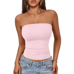AUTOMET Womens Seamless Strapless Bandeau Tube Tops Stretchy Summer Going Out (Pink, M)