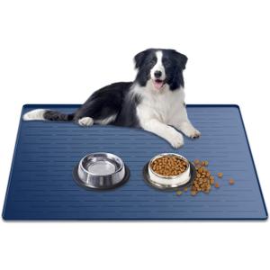 Large Dog Mat for Food and Water, 31.8"x23.8" Silicone Pet Feeding Mats, Waterproof Dog Bowl Mat with High Edges to Prevent Water and Food Spills, Dark Blue