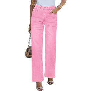 GRAPENT Straight Leg Jeans for Women High Waisted Stretchy Frayed Raw Hem Loose Denim Pants Casual Baggy Jean Trousers (Small, Gossamer Pink)