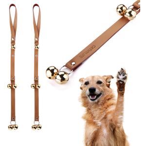 CATHYLIFE Leather Dog Doorbells for Door Knob, Adjustable Brass Potty Training Bells for Puppy to Go Outside, Easy Dog Door Bell for Potty Training, Brown Leather Golden Bells - 2 Pack