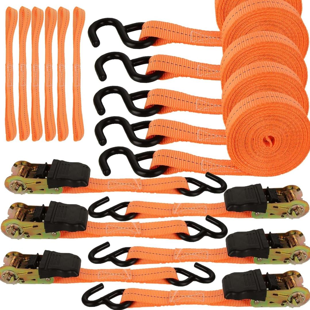 4-Pack Ratchet Straps, 20Ft Ratchet Tie Down Straps, 1700 LB Break Strength Ratchet Cargo Straps with Safety Lock S Hooks & Soft Loops for Moving Cargo, Motorcycle, Appliances, Lawn Equipment