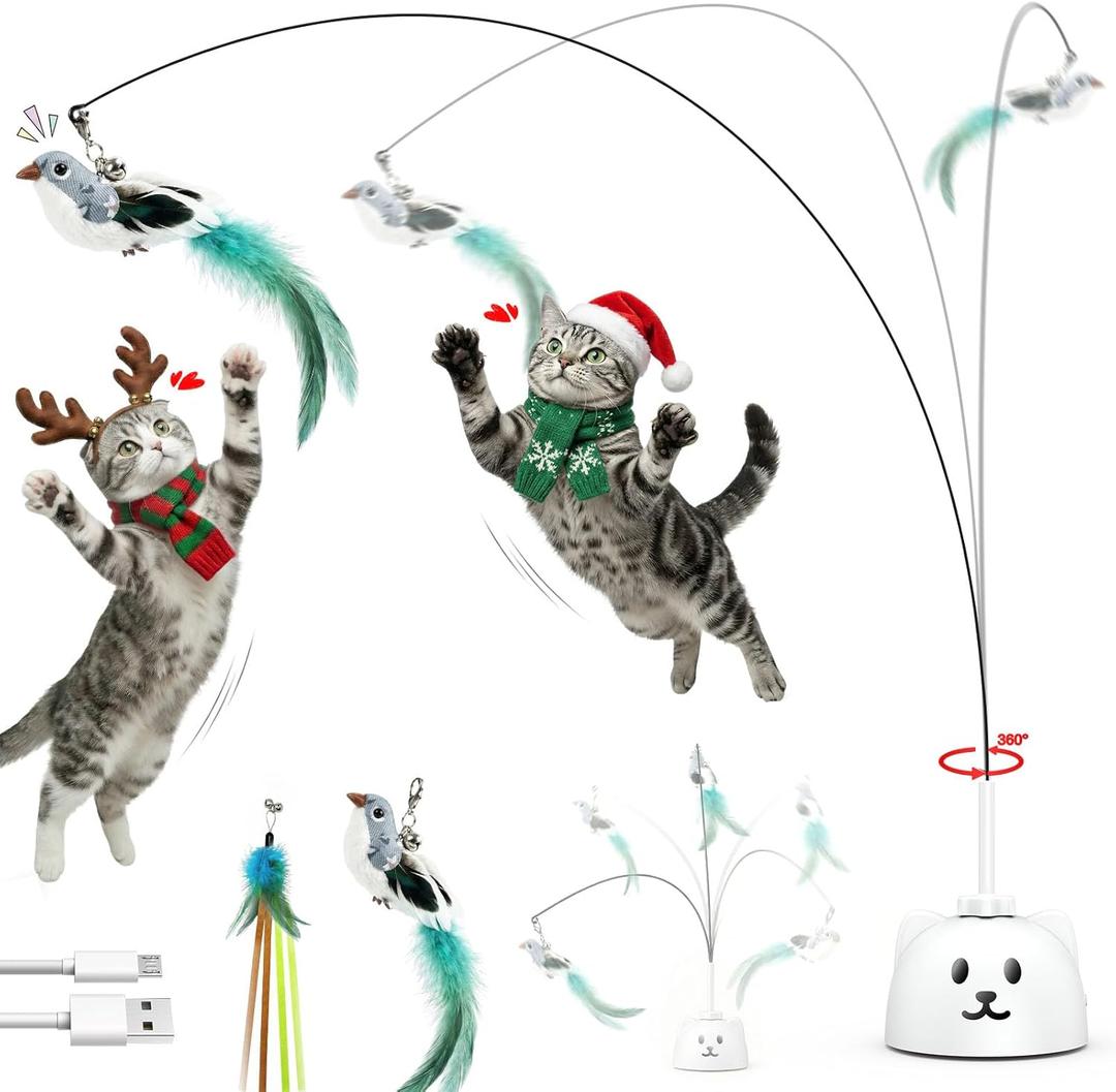 Interactive Cat Toys for Indoor Cats: Upgraded 360 Automatic Spin Flying Bird Feather Wand with Silicone Protected Rod Safe Play, Strong 8cm Suction Cup, USB-Rechargeable for Bored Kittens and Adult (White)