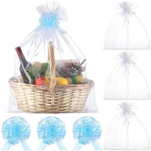Zeyune 3 Sets Oversized White Organza Bags 24 x 30 Inch Extra Large Drawstring Organza Bags with Pull Bow Mesh Gift Drawstring Pouches Gift Basket Wrapping Pouches for Christmas Wedding Birthday(Blue)
