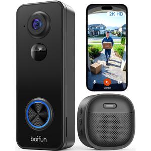 BOIFUN Video Doorbell Camera Wireless, 180° Wide View, 2K HD, No Subscription, AI Human Detection, Head-to-Toe, HDR Night Vision, Two-Way Audio, Battery Powered with Chime, 2.4 GHz Wi-Fi Only