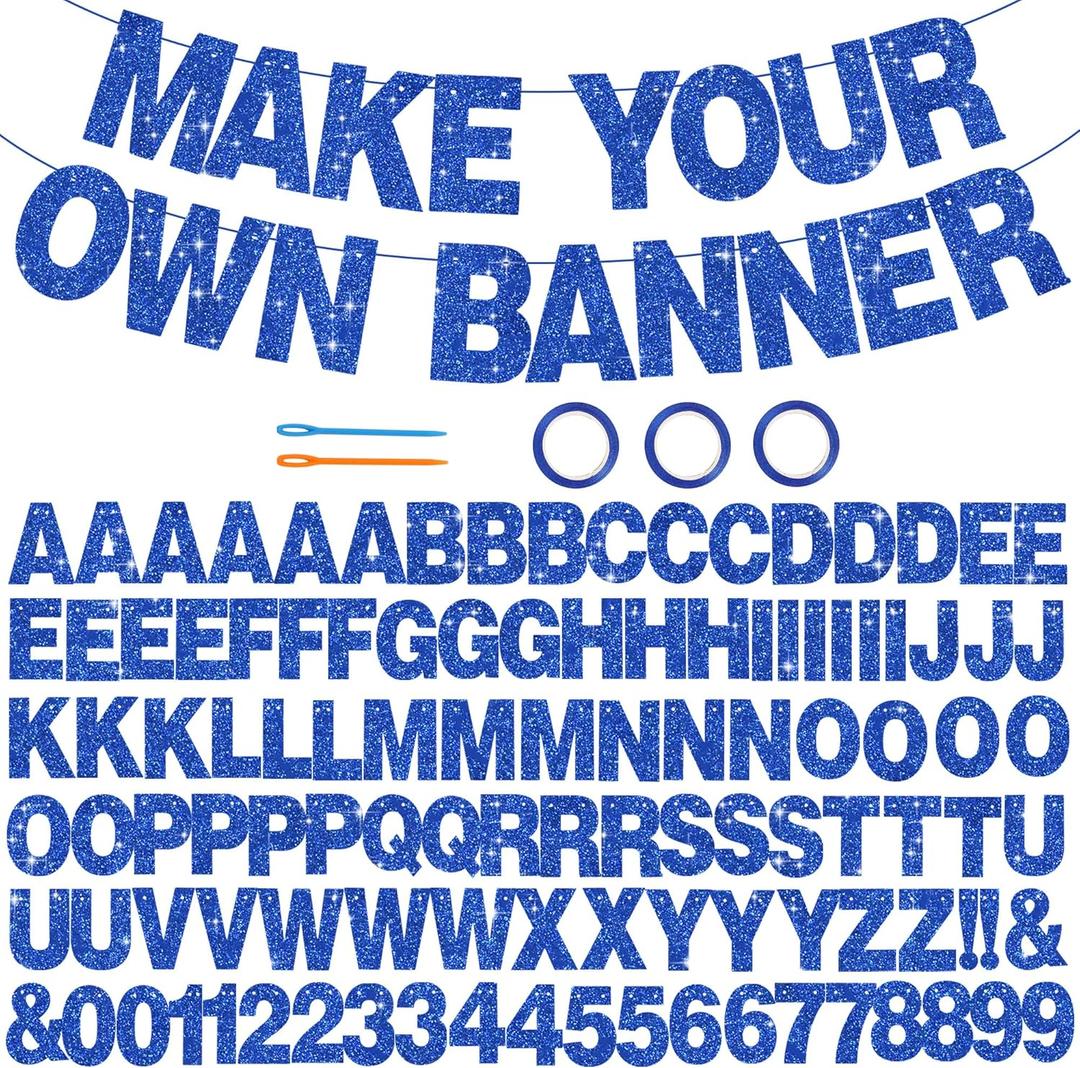 BEISHIDA 116 PCS A-Z Glitter Blue DIY Letter Banner Kit Make Your Own BannerIncluding 111 Letters and Numbers 3 Rope and 2 Threading Device,Customized for Birthday Graduation Wedding Party Decor