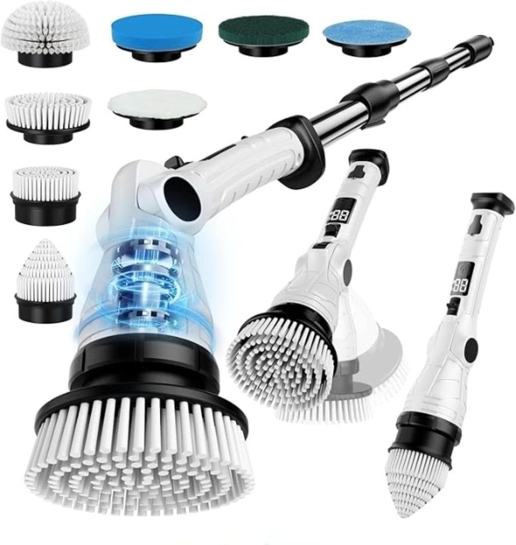 Electric Spin Scrubber  Cordless Power Cleaner with 8 Brush Heads, Long Adjustable Handle, 3 Speed for Deep Bathroom, Tile, Floor & Tub Cleaning, 6-Angle Adjustable