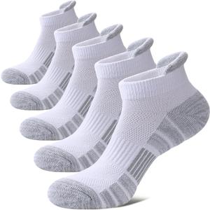 Ankle Socks for Women Running Athletic Thick Cushioned Wicking Low Cut Compression No Show Tab Socks 5 Pairs (9-11, 5 Pairs Gray and White)