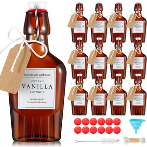 12 Set Swing Top Glass Flask Homemade Vanilla Extract Bottles with Stoppers Stickers Jar Brush Funnel Rope Labels Bottle for Holiday DIY Crafts Christmas Wedding Gifts(Amber,5oz)