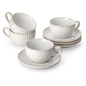 MALACASA 8 OZ Cappuccino Cups with Saucers Set of 4 - Ceramic Stackable Tea Cups and Saucers, Embossment Coffee Mugs for Tea, Latte and Mocha, Dishwasher Safe, Arctic white