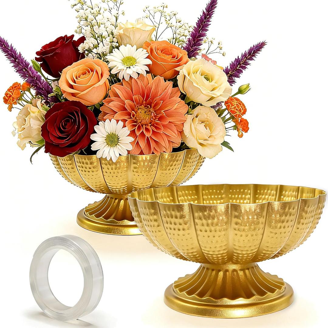 2 Pcs Gold Compote Bowl Vases for Centerpieces, 7" Wide Distressed Metal Pedestal Vases for Wedding Table Decor, Small Vintage Urn Vase for Party Supplies, Home, Easter, Anniversary & Event Decor