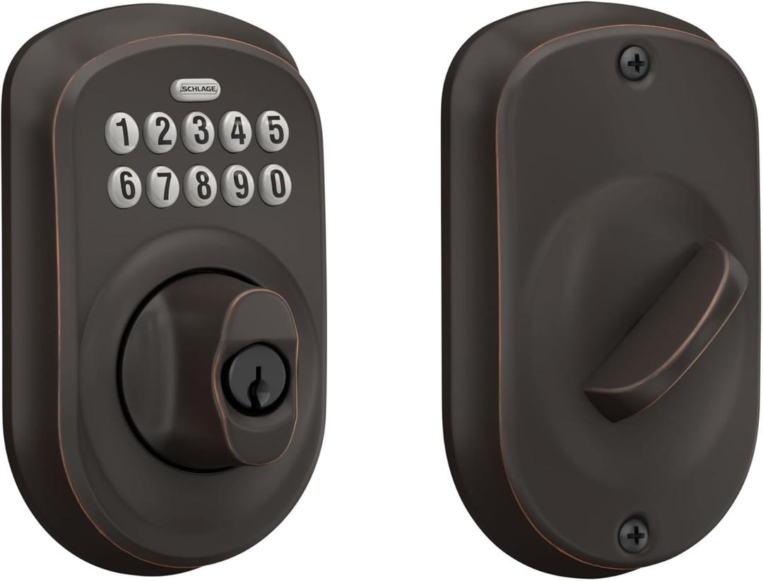 Schlage BE365 PLY 716 Plymouth Keypad Deadbolt, Electronic Keyless Entry Lock, Aged Bronze