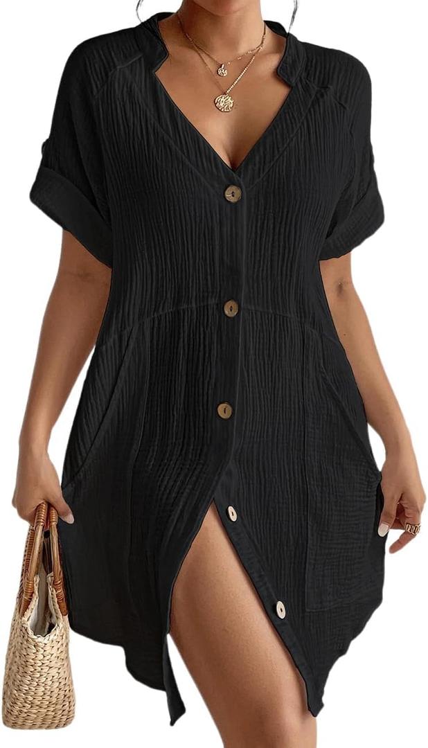 Bsubseach Swimsuit Coverup for Women Cotton Bathing Suit Cover Up Button Down Beach Dress (Small, Black)