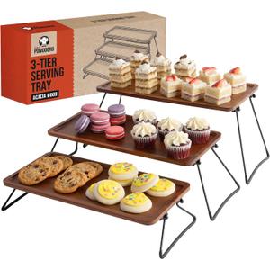 Chef Pomodoro 3 Tiered Serving Trays & Platters with Non-Slip Base for Food Display, Cupcake Stand, Elevated Charcuterie Board Cake Stand, Wooden Tiered Dessert Serving Stand for Parties and Events
