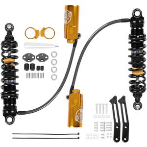 Upgraded Motorcycle Adjustable Remote Reservoir Rear Suspension Shocks Set Fits for Harley Davidson Touring Road Glide Road King Street Glide 2014-2025 Golden