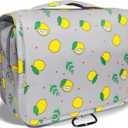 LAKIBOLE Toiletry Bag Multifunction Cosmetic Bag Portable Makeup Pouch Waterproof Travel Hanging Organizer Bag for Women Girls (Grey & Lemon-Travel Tag)