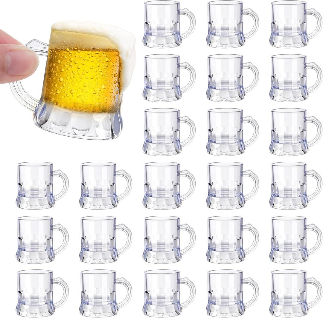 24 Pieces Mini Plastic Beer Mugs 1 Ounce Mini Mug Shot Glasses with Handles Clear Reusable Tasting Glasses for Drinking Festival Party Barbecue Wedding