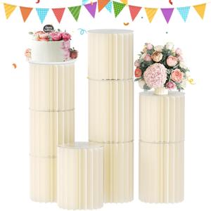 Urban Deco Cylinder Stands for Party, 8PCS Cake Pedestal Stands for Parties, Foldable Cardboard Pillars with Acrylic Disc, Cilindros para Fiestas Redondos Blancos for Birthday Wedding Decor, White