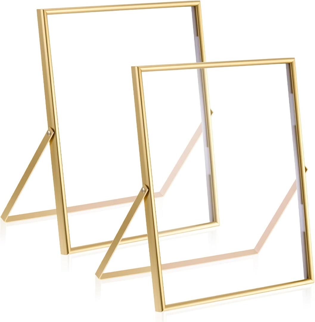 Gold Floating Frame 2 Set Gold Picture Frame 8x10 in with Real Glass and Metal Stand, Vintage Metal Picture Frame for Home, Office or Wedding Decoration
