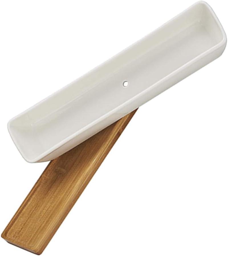 BESPORTBLE Rectangular Ceramic Plant Pot with Bamboo Saucer for Indoor Succulent Gardening Durable Decorative Flowerpot for Home and Office Use