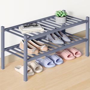 Smiry Bamboo Shoe Rack for Closet, 2 Tier Wooden Shoe Organizer, Stackable 14 Vertical Slats Wood Shoe Storage Shelf for Entryway, One-piece Heavy-Duty Legs, 26.8"x11"x13", Grey