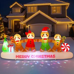 10 FT Long Gingerbread Family Christmas Inflatable Outdoor Decoration, Gingerbread Man Inflatable Holding Hands with Built-in Dynamic Light, Xmas Holiday Decor for Yard, Lawn, Patio, Garden