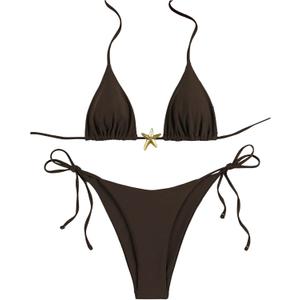 Women's Two Piece Bikini Set Star Decor Halter Triangle Swimsuit Tie Side Bathing Suit Beachwear (Khaki) S