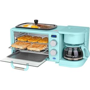 Nostalgia 3-in-1 Retro Breakfast Station - Includes 5 Cup Coffee Maker, Non-Stick Ceramic Griddle, and 4-Slice Toaster Oven - Built-In Timer, Reusable Coffee Filter, Space-Saving Design - Aqua