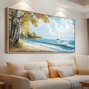 JUDASJART Wall Decor For Bedroom Large Wall Art For Living Room Office Decorations Blue Beach Sea Wave Paintings Ocean Seascape Wall Pictures Canvas Artwork Home Decor Ready To Hang Wood Framed