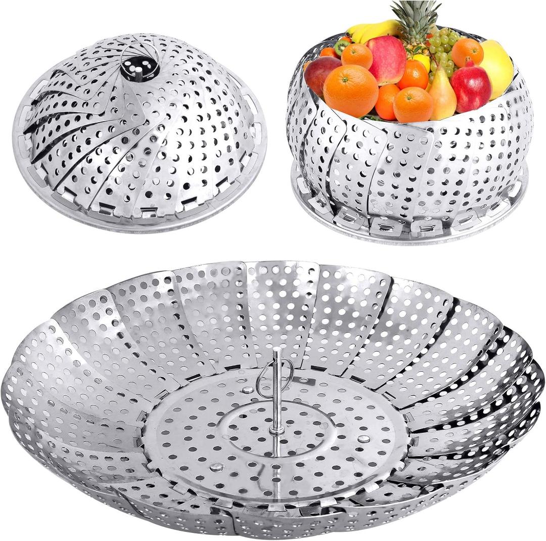 Large Veggie Vegetable Steamer Basket, Folding Steaming Basket, Collapsible Metal Stainless Steel Steamer Basket Insert, for Cooking Food, Expandable Fit Various Size Pot(7.1" to 11.8") YLYL (Silver)