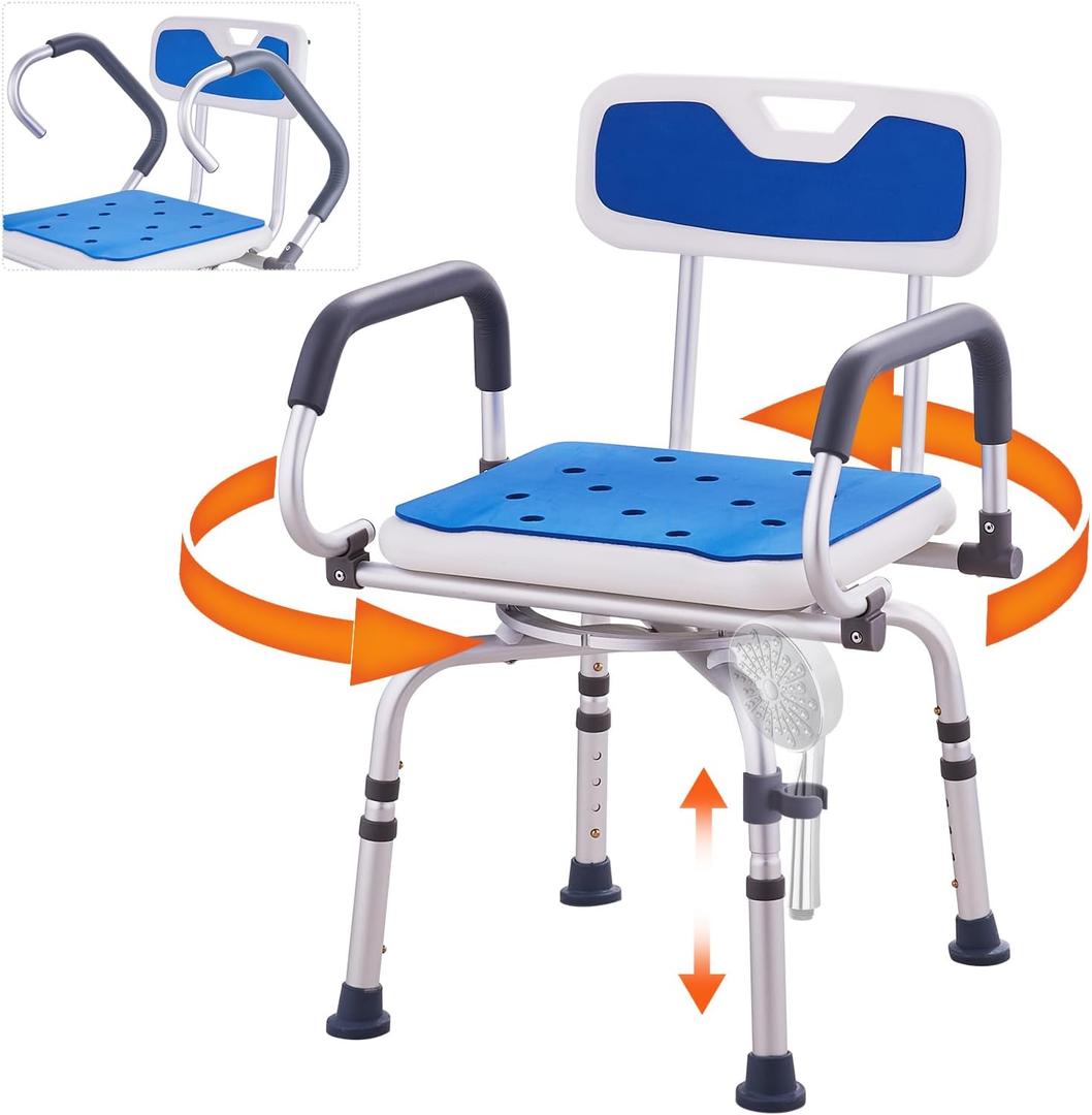 VEVOR Swivel Shower Chair 360 Degree, Adjustable Shower Seat with Pivoting Arms for Inside Showers or Tubs, Non-Slip Rotating Bathtub Shower Chair for Elderly Disabled Injured, 400LBS Capacity (armrest liftable)