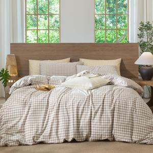 MooMee Gingham Duvet Cover Set 100% Washed Cotton Linen Like Textured Breathable Durable Soft Comfy Modern Checkered Design (Tannish Linen Grey Gingham, King 104"x90")