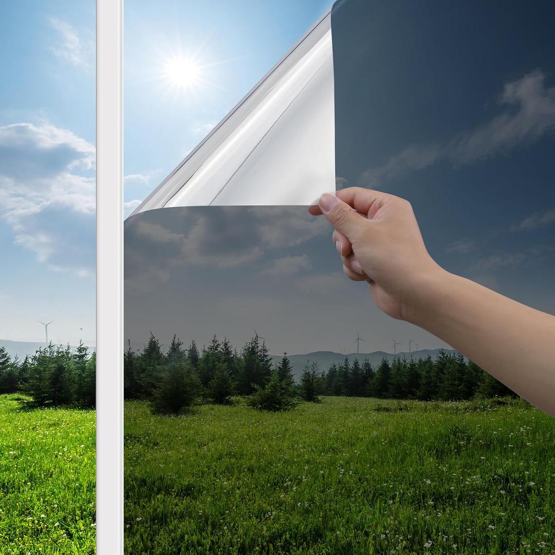 Haton Window Privacy Film One Way Window Tint for Home, Sun UV Blocking Heat Control Reflective Mirror Film, No Glue Static Cling See Out Not in Glass Door Covering, Black Silver, 29.5" x 157.4"