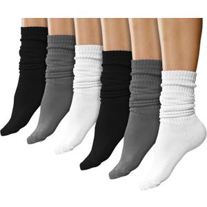 Winterlace 6 Pairs Slouch Socks for Women, Soft Extra Long Scrunch Knee High Sock, Bulk Pack (One Size, Assorted White/Black/Gray)