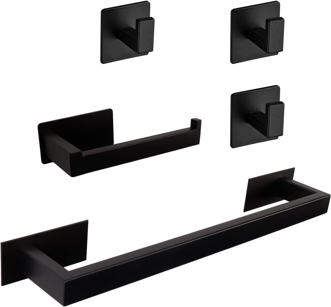 5 Pieces Self Adhesive Bathroom Hardware Set-SUS304 Stainless Steel-Towel Rack Set Include 16Towel Bar+Toilet Paper Holder+3 Towel/Robe Hooks Bathroom Accessory (Matte Black, 16 in)