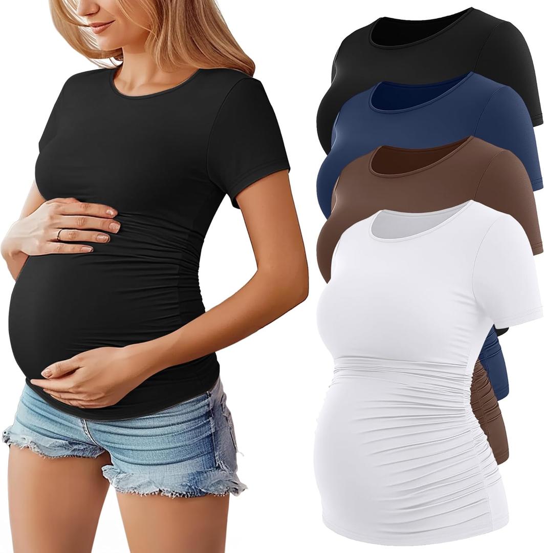Huukeay 4 Pack Women's Maternity Shirts, Crew Neck Maternity Top Short Sleeve Casual Cotton Tee Side Ruched Pregnancy Clothes (Black, White, Coffee, Navy Blue)